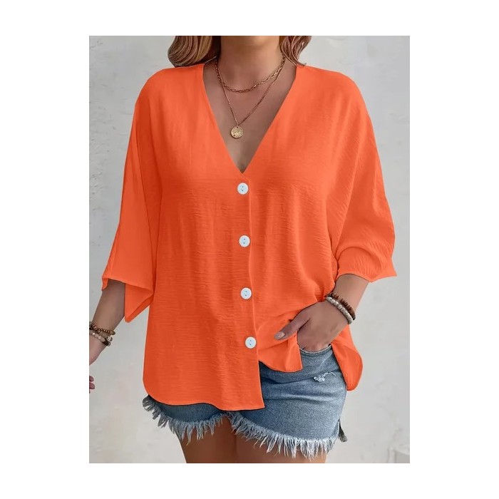 Women Plain Three Quarter Sleeve Shirt Spring/Fall Split Joint V Neck Daily Casual Top