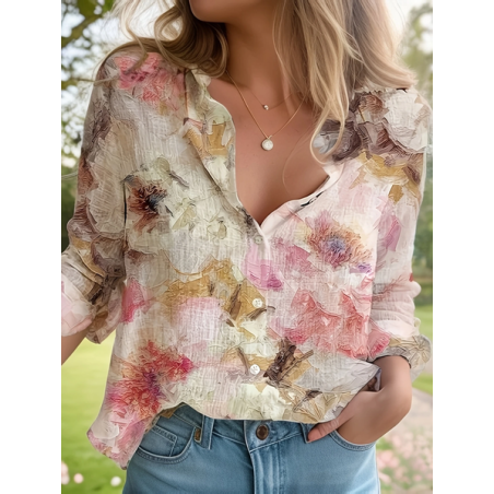 Women Floral Long Sleeve Shirt Spring/Fall Buckle Shirt Collar Daily Casual Top