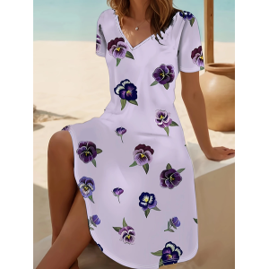 Women Floral Short Sleeve Summer Printing Dress V Neck Daily Casual Midi Fit & Flare Dress A-Line Dress