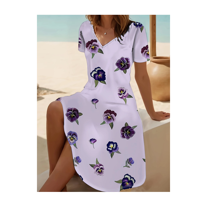 Women Floral Short Sleeve Summer Printing Dress V Neck Daily Casual Midi Fit & Flare Dress A-Line Dress