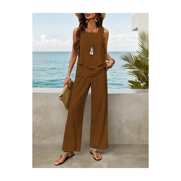 Women Floral Printing Two-Piece Set Daily Sleeveless Casual Summer Top With Pants Matching Set