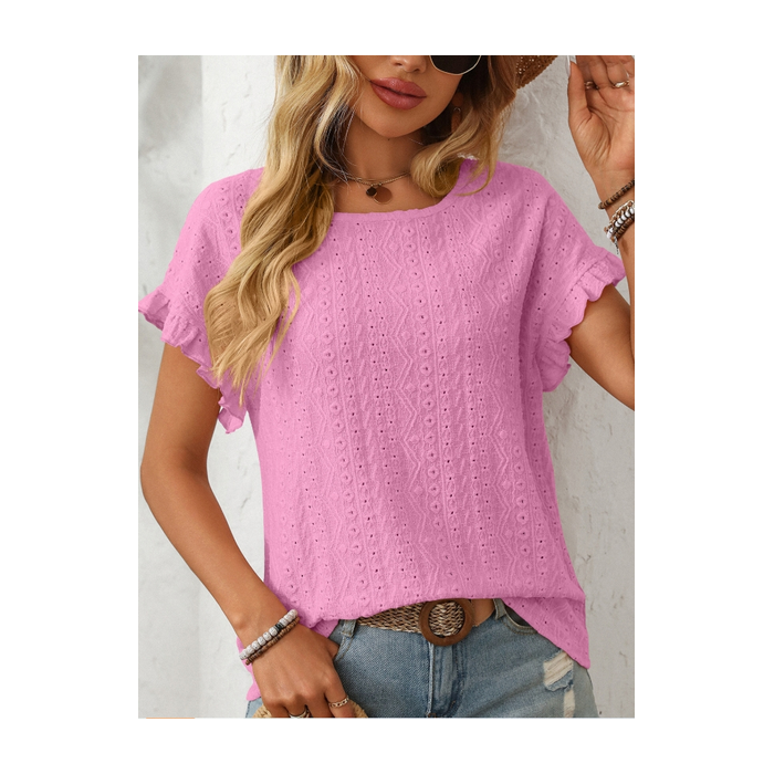 Women Geometric Short Sleeve Tee T-shirt Crew Neck Jacquard Casual Summer Top