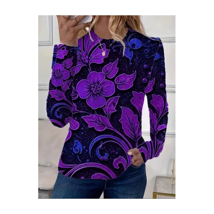 Women Floral Long Sleeve Tee T-shirt Crew Neck Printing Casual Spring/Fall Graphic Tee Top