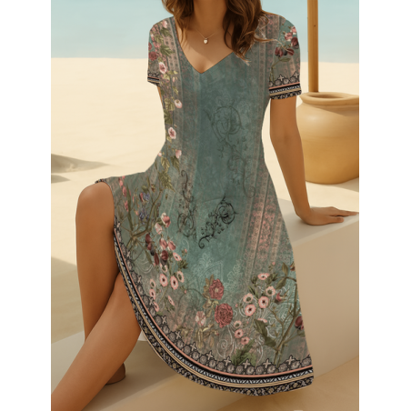Women Floral Short Sleeve Summer Printing Dress V Neck Daily Casual Midi Fit & Flare Dress A-Line Dress