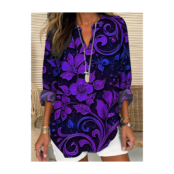 Women Floral Long Sleeve Blouse Spring/Fall Printing V Neck Daily Casual Top