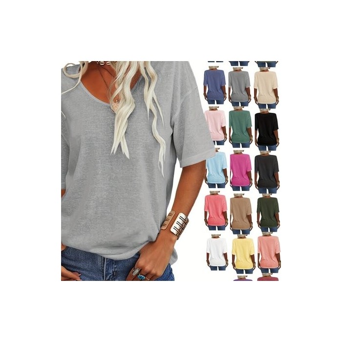 Women Plain Short Sleeve Tee T-shirt V Neck Casual Summer Top