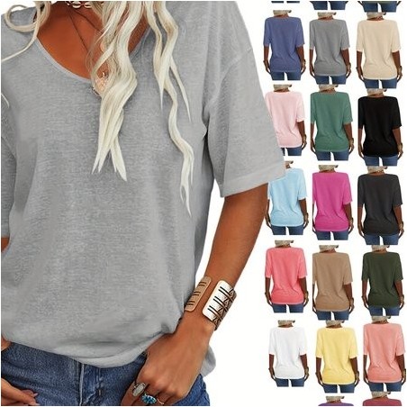 Women Plain Short Sleeve Tee T-shirt V Neck Casual Summer Top