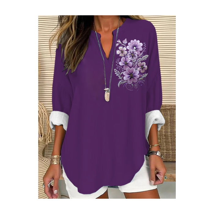 Women Floral Long Sleeve Blouse Spring/Fall Printing V Neck Daily Casual Top