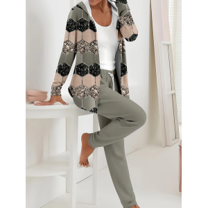 Women Abstract Printing Two-Piece Set Daily Long Sleeve Casual Spring/Fall Coat With Pants Matching Set