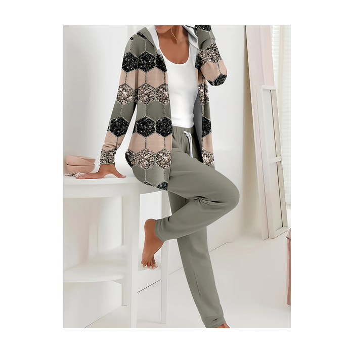 Women Abstract Printing Two-Piece Set Daily Long Sleeve Casual Spring/Fall Coat With Pants Matching Set