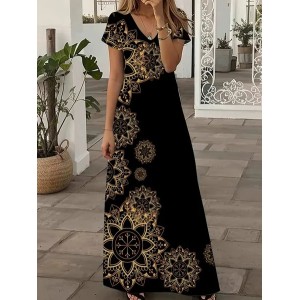 Women Floral Short Sleeve Summer Printing Dress V Neck Daily Casual Maxi X-Line Dress