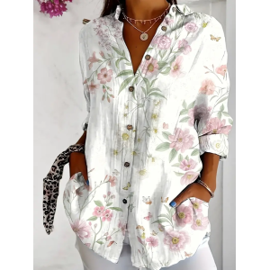 Women Floral Long Sleeve Shirt Spring/Fall Buckle Shirt Collar Daily Casual Top