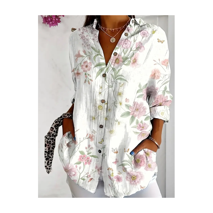Women Floral Long Sleeve Shirt Spring/Fall Buckle Shirt Collar Daily Casual Top