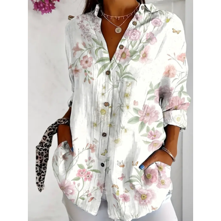 Women Floral Long Sleeve Shirt Spring/Fall Buckle Shirt Collar Daily Casual Top