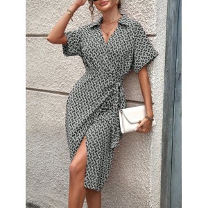 Women Geometric Short Sleeve Summer Printing Dress V Neck Daily Vintage Midi Tank A-Line Dress