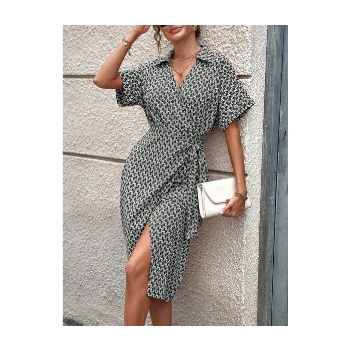 Women Geometric Short Sleeve Summer Printing Dress V Neck Daily Vintage Midi Tank A-Line Dress