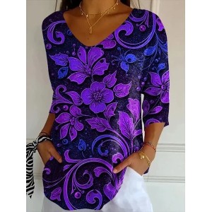Women Floral Three Quarter Sleeve Tee T-shirt V Neck Printing Casual Spring/Fall Graphic Tee Top