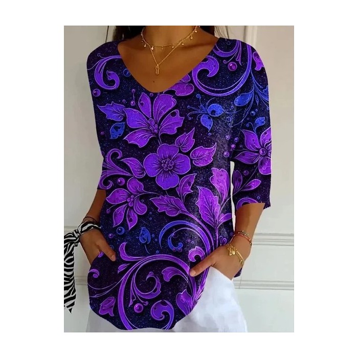 Women Floral Three Quarter Sleeve Tee T-shirt V Neck Printing Casual Spring/Fall Graphic Tee Top