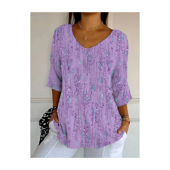 Women Abstract Three Quarter Sleeve Tee T-shirt V Neck Printing Casual Spring/Fall Graphic Tee Top