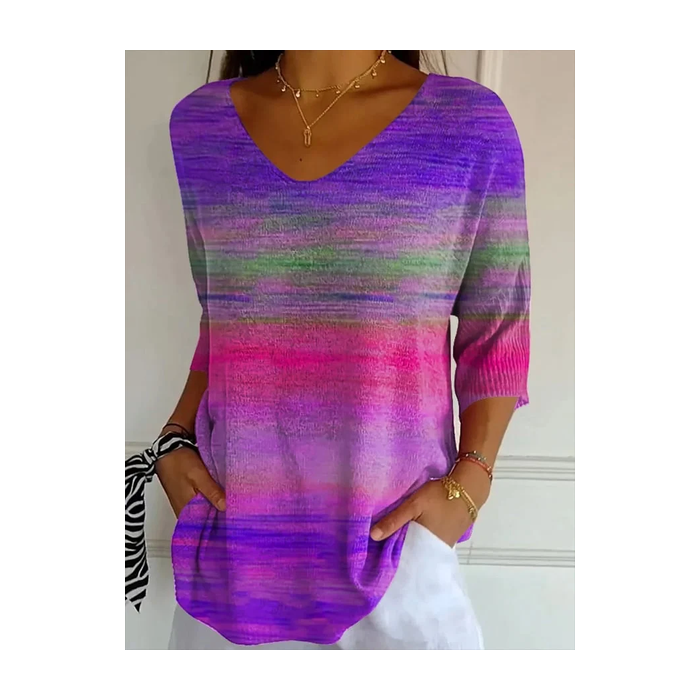 Women Abstract Stripes Three Quarter Sleeve Tee T-shirt V Neck Printing Casual Spring/Fall Graphic Tee Top