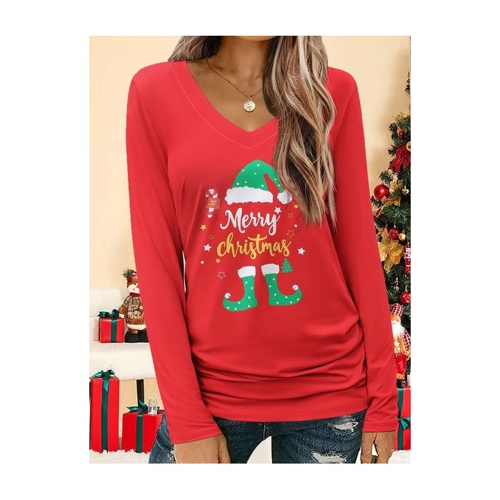 Women's Long Sleeve Tee T-shirt Spring/Fall Christmas Jersey V Neck Daily Going Out Casual Top