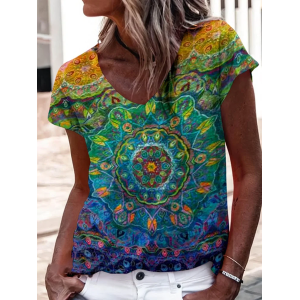 Women Floral Short Sleeve Tee T-shirt V Neck Printing Casual Summer Graphic Tee Top