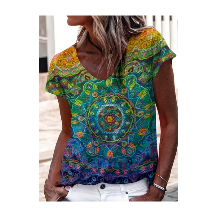 Women Floral Short Sleeve Tee T-shirt V Neck Printing Casual Summer Graphic Tee Top