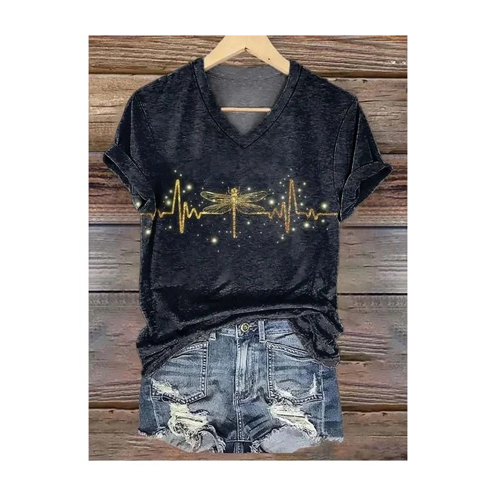 Women Dragonfly Short Sleeve Tee T-shirt V Neck Printing Casual Summer Graphic Tee Top