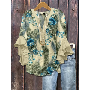 Women Floral Half Sleeve Shirt Summer Printing V Neck Daily Casual Top