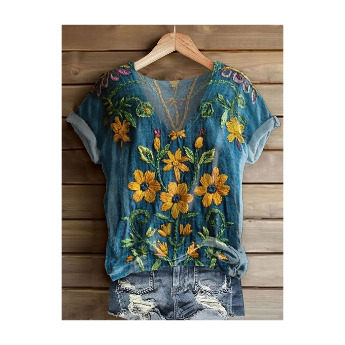 Women Floral Short Sleeve Tee T-shirt V Neck Printing Casual Summer Graphic Tee Top