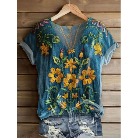 Women Floral Short Sleeve Tee T-shirt V Neck Printing Casual Summer Graphic Tee Top