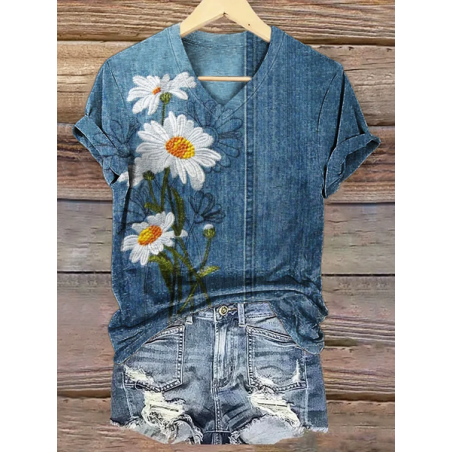 Women Floral Short Sleeve Tee T-shirt V Neck Printing Casual Summer Graphic Tee Top
