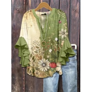 Women Floral Half Sleeve Shirt Summer Printing V Neck Daily Casual Top