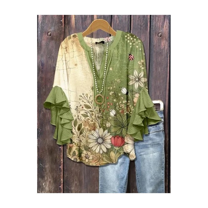 Women Floral Half Sleeve Shirt Summer Printing V Neck Daily Casual Top