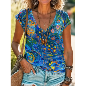 Women Abstract Short Sleeve Tee T-shirt V Neck Printing Casual Summer Graphic Tee Top