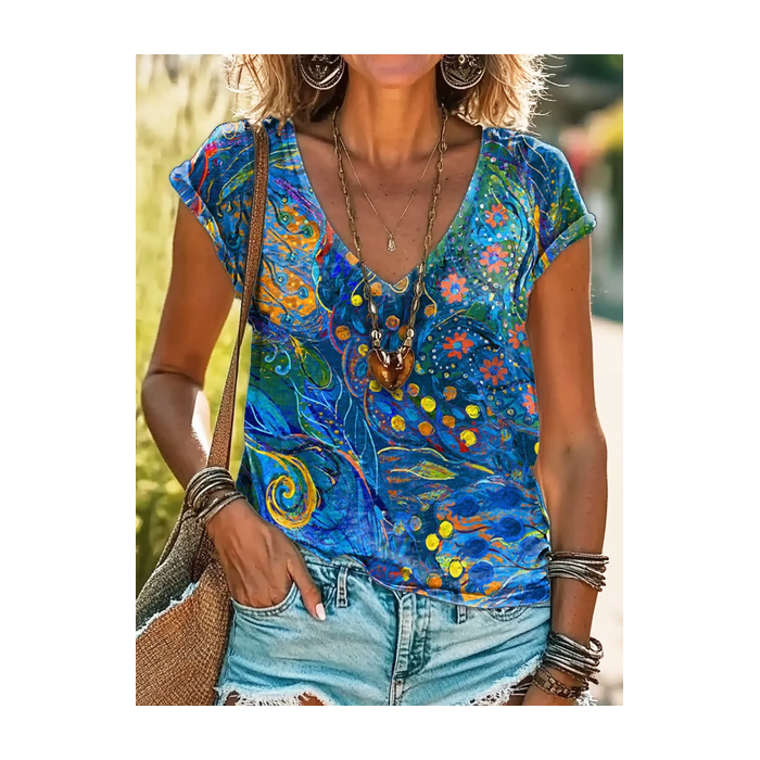 Women Abstract Short Sleeve Tee T-shirt V Neck Printing Casual Summer Graphic Tee Top