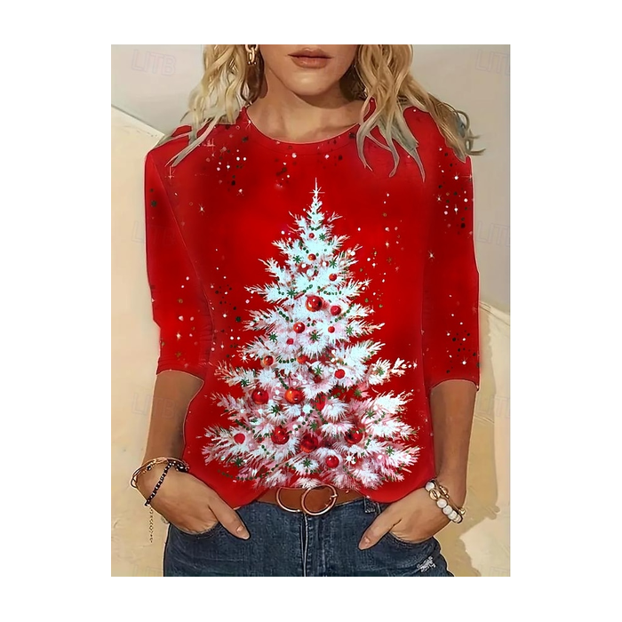 Women's Long Sleeve Tee T-shirt Spring/Fall Christmas Tree Printing Jersey Crew Neck Holiday Going Out Casual Top