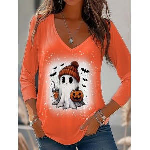 Women's Long Sleeve Tee T-shirt Spring/Fall Halloween Jersey V Neck Daily Going Out Casual Top