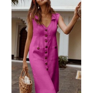 Women Plain Sleeveless Summer Split Joint Dress Stand Collar Daily Vintage Maxi Tank A-Line Dress