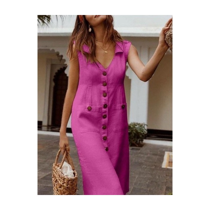 Women Plain Sleeveless Summer Split Joint Dress Stand Collar Daily Vintage Maxi Tank A-Line Dress