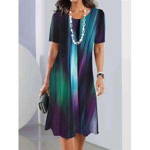 Women Abstract Short Sleeve Summer Printing Dress Crew Neck Daily Vintage Midi Tunic H-Line Dress