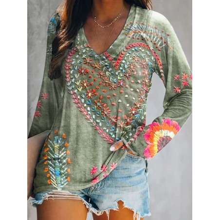 Women Floral Long Sleeve Blouse Spring/Fall Printing V Neck Daily Casual Top