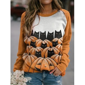 Women's Crew Neck Halloween (pumpkin) Printing Vintage Spring/Fall Long Sleeve Sweatshirt