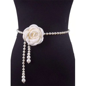 Elegant Camellia Flower Waist Chain Faux Pearls Necklace