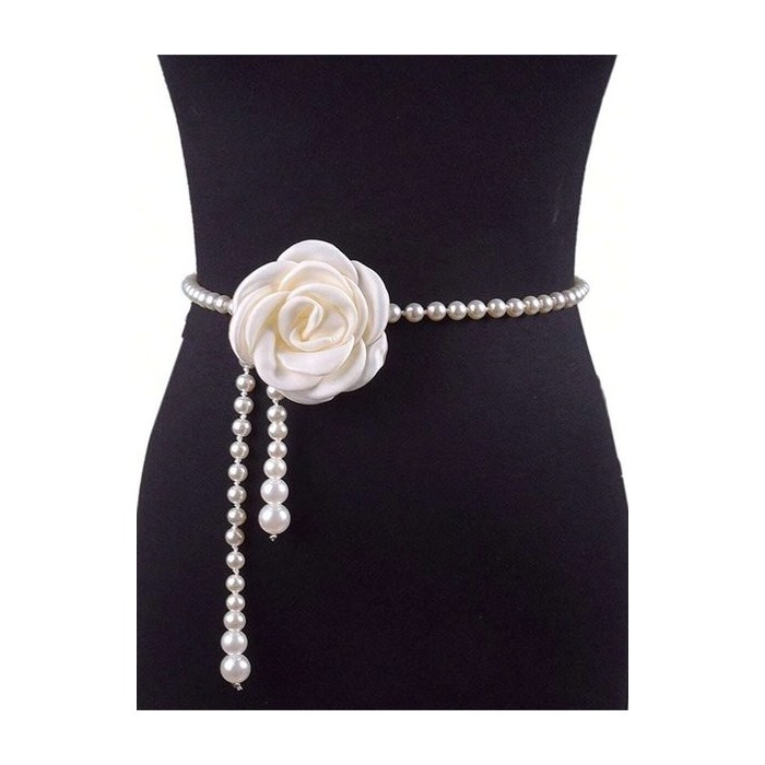 Elegant Camellia Flower Waist Chain Faux Pearls Necklace
