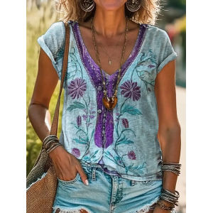 Women Floral Short Sleeve Tee T-shirt V Neck Printing Casual Summer Graphic Tee Top