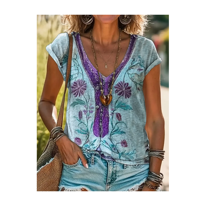 Women Floral Short Sleeve Tee T-shirt V Neck Printing Casual Summer Graphic Tee Top