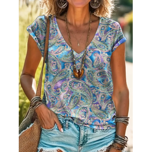 Women Paisley Short Sleeve Tee T-shirt V Neck Printing Casual Summer Graphic Tee Top