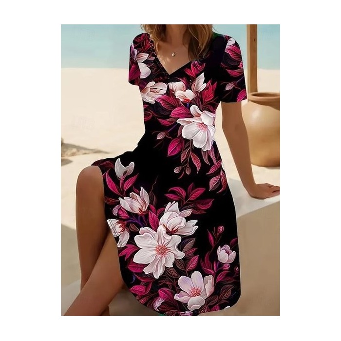 Women Floral Short Sleeve Summer Printing Dress V Neck Daily Casual Midi Fit & Flare Dress A-Line Dress