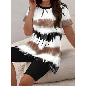 Women Abstract Printing Two-Piece Set Daily Short Sleeve Casual Summer Top With Pants Matching Set